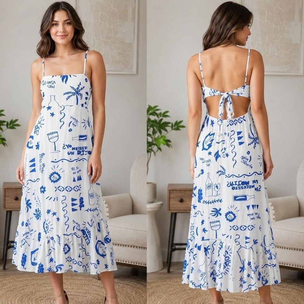 NWT Paper Heart Anthropologie Day Drinks Maxi Dress Blue Graphic Print, Sz. Med